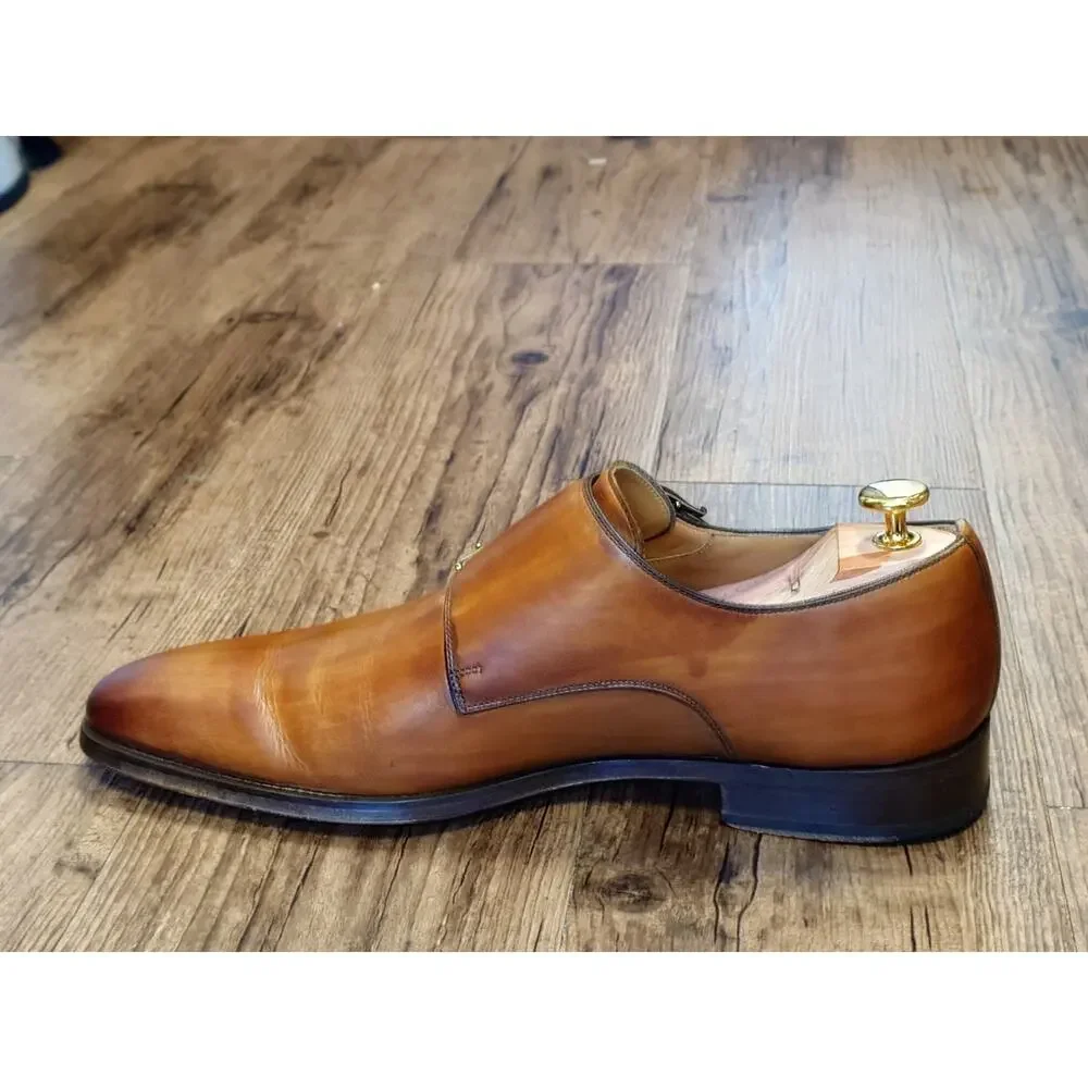 Magnanni Men’s Monk Strap 9.5M Tan Brown Burnished Leather Dress Shoes
